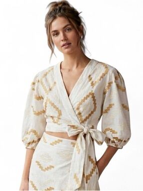 $210 - Greek Archaic Kori Embroidered Wrap Blouse | Size: Medium
